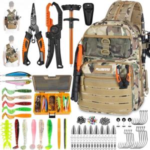 PLUSINNO Fishing Gear Fishing Backpack with Tackle Box, Waterproof tackle Backpack with Rod Holders, Lures, Tools, Pliers & Accessories, Fish Gifts for Men(Khaki Fishing Backpack With Fishing Kit)