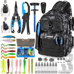 PLUSINNO Fishing Gear Fishing Backpack with Tackle Box, Waterproof tackle Backpack with Rod Holders, Lures, Tools, Pliers & Accessories, Fish Gifts for Men(Camo Fishing Backpack With Fishing Kit)