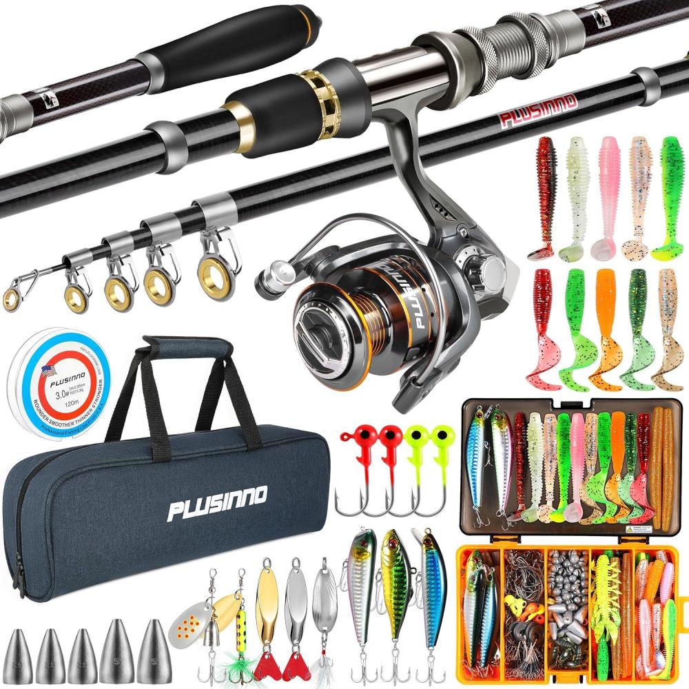 image:imagePLUSINNO Fishing Gear Telescopic Fishing Rod and Reel Combo with Tackle Box Collapsible Rod and Lures Box Travel Fish Pole Starter Kit Fishing Accessories Tackle Lure Kit Gifts for Men Bass TroutRod combo with 137pcs box