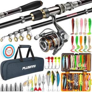 PLUSINNO Fishing Gear – Telescopic Fishing Rod and Reel Combo with Tackle Box, Collapsible Rod and Lures Box, Travel Fish Pole Starter Kit, Fishing Accessories Tackle Lure Kit Gifts for Men Bass Trout(Rod combo with 137pcs box)