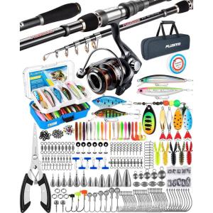 PLUSINNO Fishing Gear – Telescopic Fishing Rod and Reel Combo with Tackle Box, Collapsible Rod and Lures Box, Travel Fish Pole Starter Kit, Fishing Accessories Tackle Lure Kit Gifts for Men Bass Trout(Rod combo with 373pcs box)