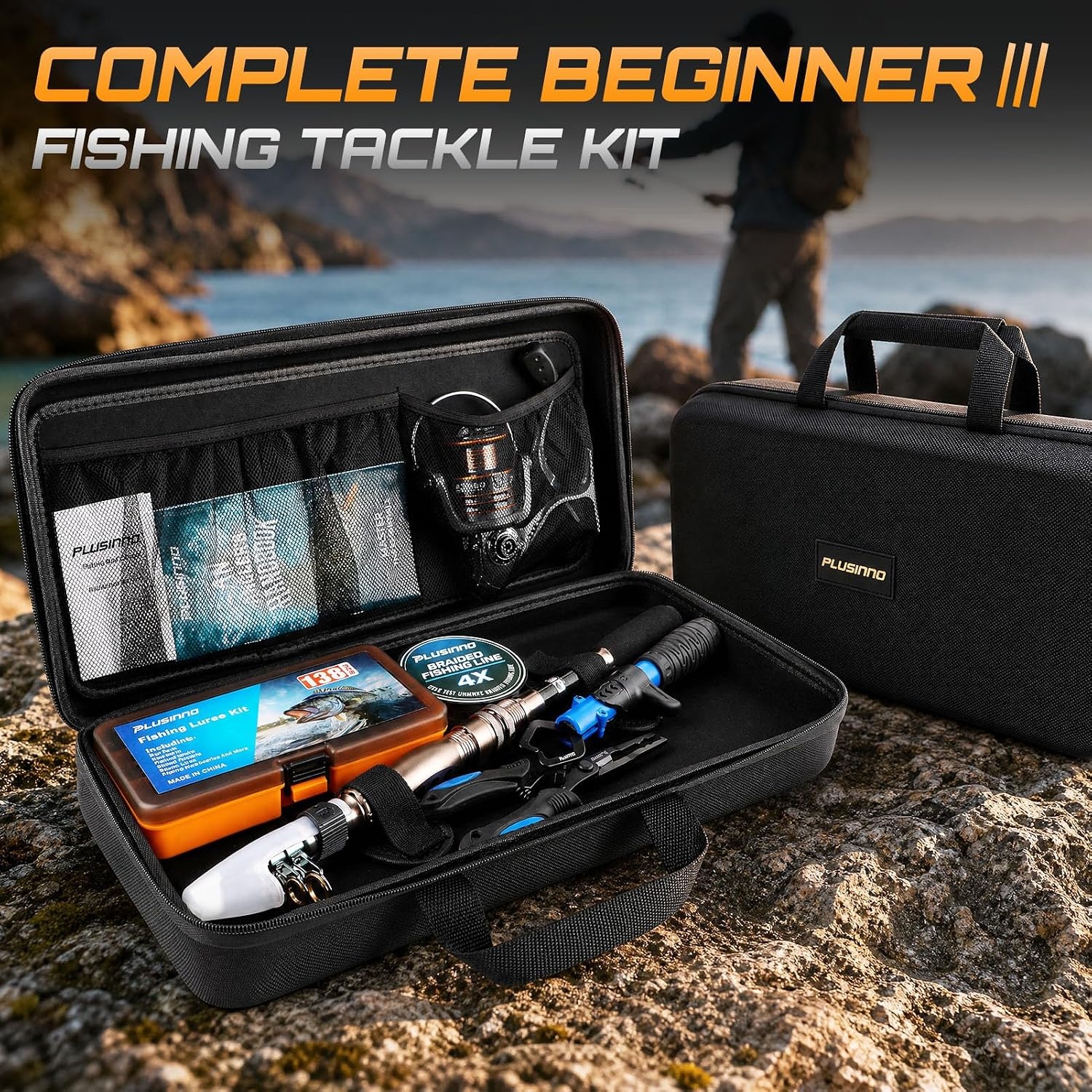 image:imagePLUSINNO Fishing Rod and Reel Combo with Telescopic Fishing Pole Portable Travel Fishing Rods Kit with Tackle Box Carrier Bag amp Manuals Fishing Gear Tool Kit for Freshwater Fishing Gifts for MenGOLD