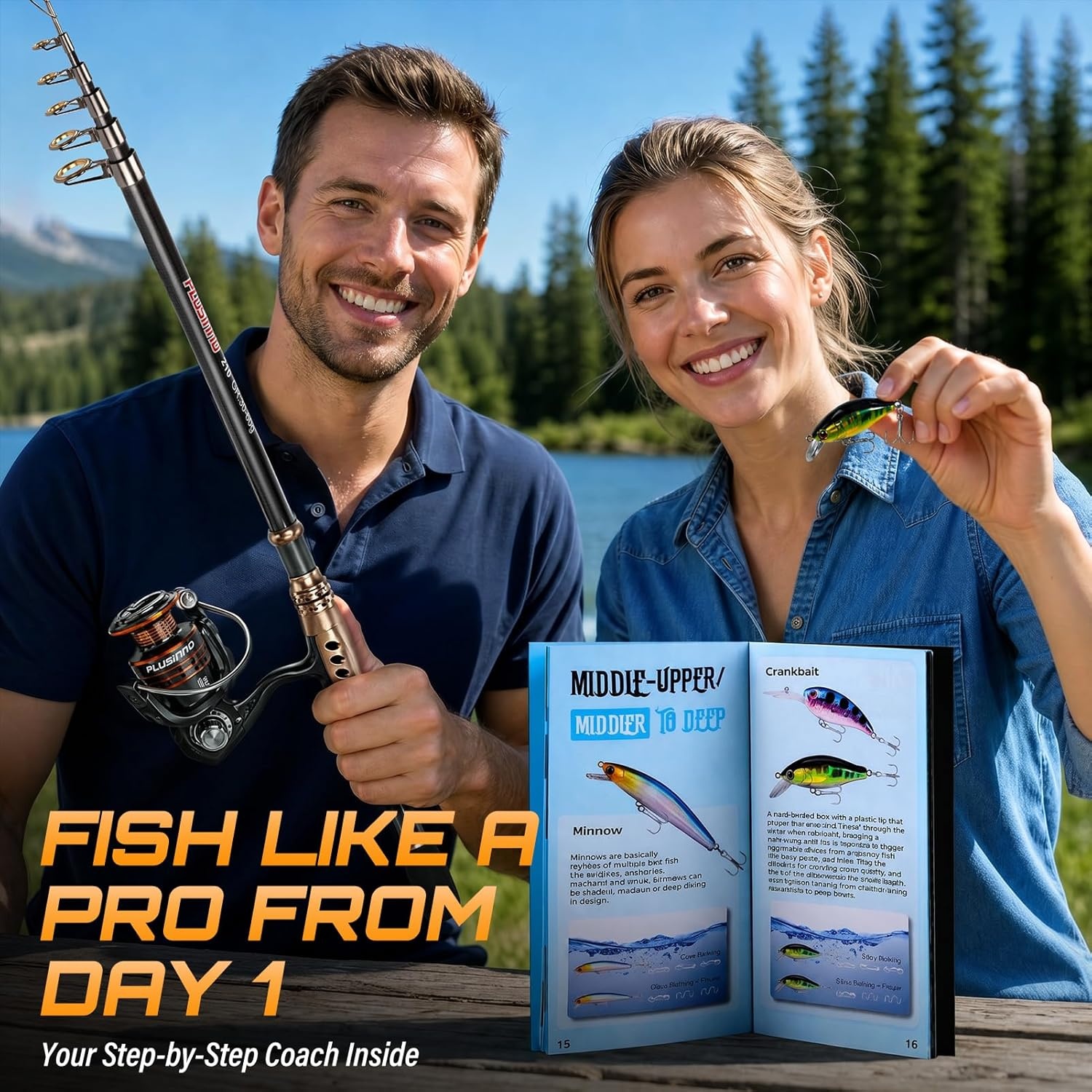 image:imagePLUSINNO Fishing Rod and Reel Combo with Telescopic Fishing Pole Portable Travel Fishing Rods Kit with Tackle Box Carrier Bag amp Manuals Fishing Gear Tool Kit for Freshwater Fishing Gifts for MenGOLD