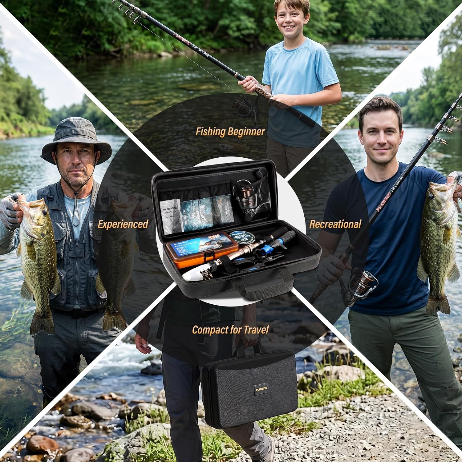 image:imagePLUSINNO Fishing Rod and Reel Combo with Telescopic Fishing Pole Portable Travel Fishing Rods Kit with Tackle Box Carrier Bag amp Manuals Fishing Gear Tool Kit for Freshwater Fishing Gifts for MenGOLD