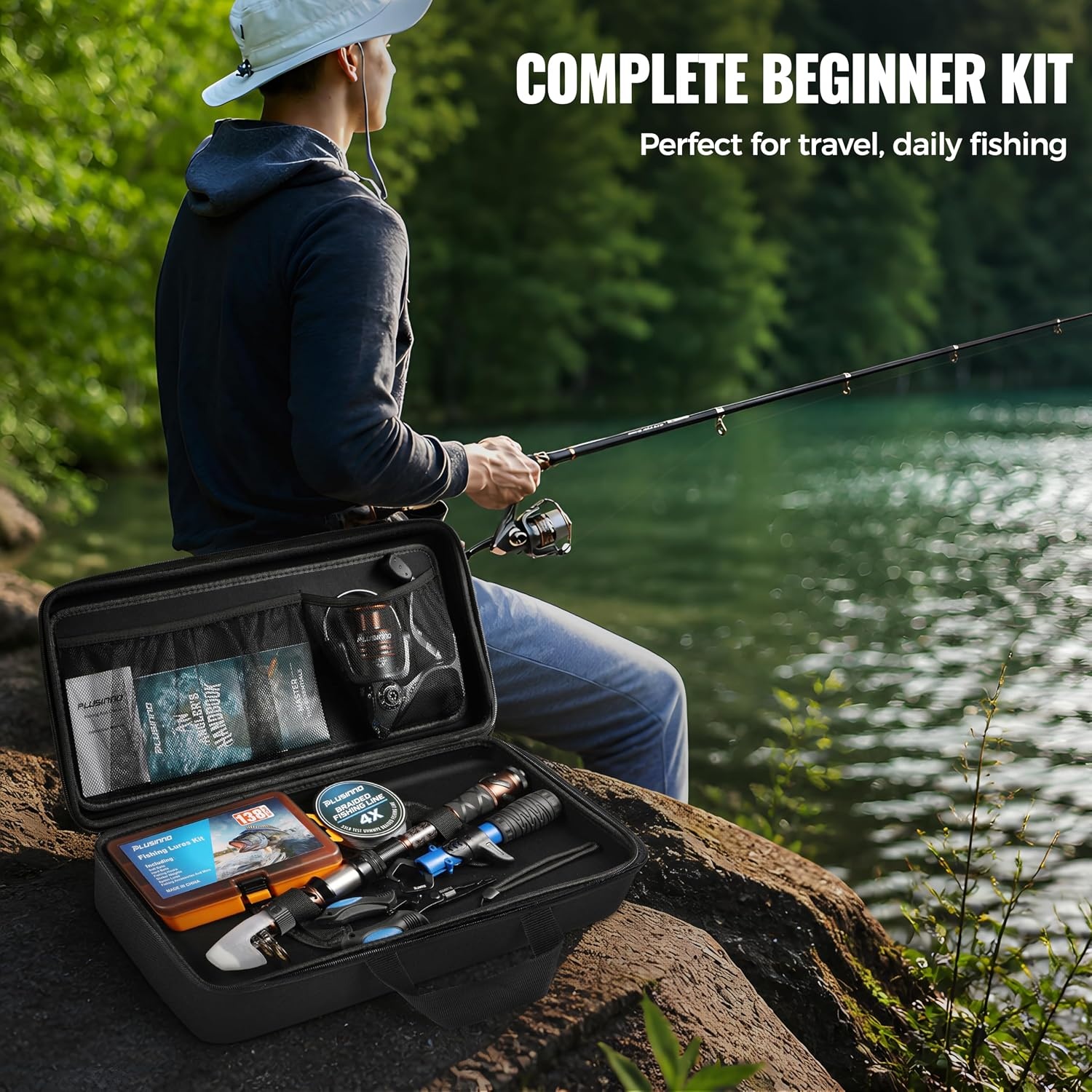 image:imagePLUSINNO Fishing Rod and Reel Combo with Telescopic Fishing Pole Portable Travel Fishing Rods Kit with Tackle Box Carrier Bag amp Manuals Fishing Gear Tool Kit for Freshwater Fishing Gifts for MenSILVER