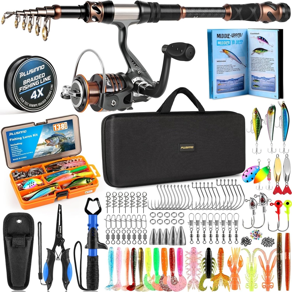 image:imagePLUSINNO Fishing Rod and Reel Combo with Telescopic Fishing Pole Portable Travel Fishing Rods Kit with Tackle Box Carrier Bag amp Manuals Fishing Gear Tool Kit for Freshwater Fishing Gifts for MenSILVER