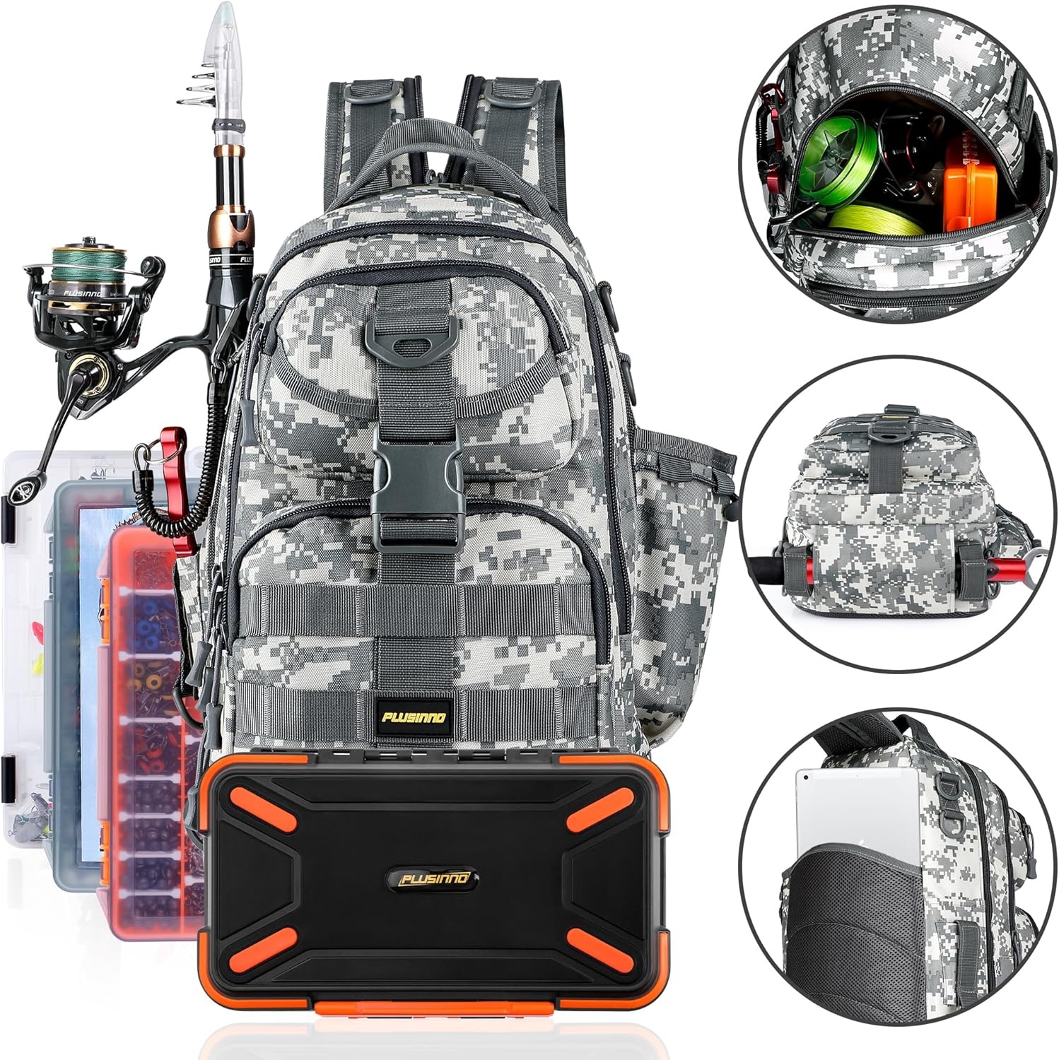 image:imagePLUSINNO Fishing GearFishing Backpack with Floating Fishing NetTackle BoxesWaterproof Fishing Tackle BagFishing Gifts for MenAcu Backpack With 4 Boxes
