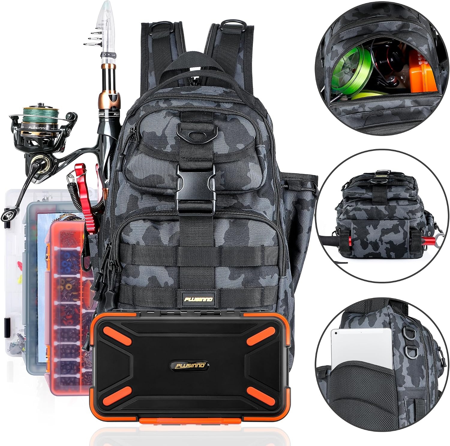 image:imagePLUSINNO Fishing GearFishing Backpack with Floating Fishing NetTackle BoxesWaterproof Fishing Tackle BagFishing Gifts for MenBlack Bag With 2 Boxes No Rod