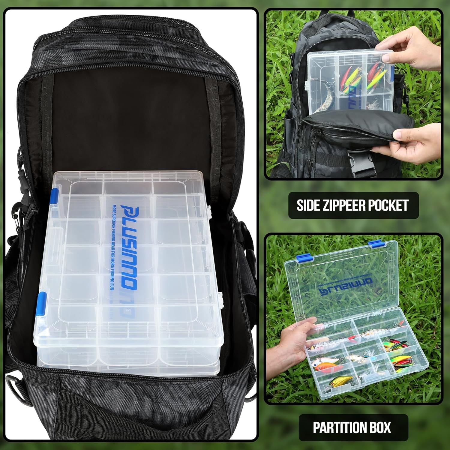 image:imagePLUSINNO Fishing GearFishing Backpack with Floating Fishing NetTackle BoxesWaterproof Fishing Tackle BagFishing Gifts for MenBlack Bag With 2 Boxes No Rod