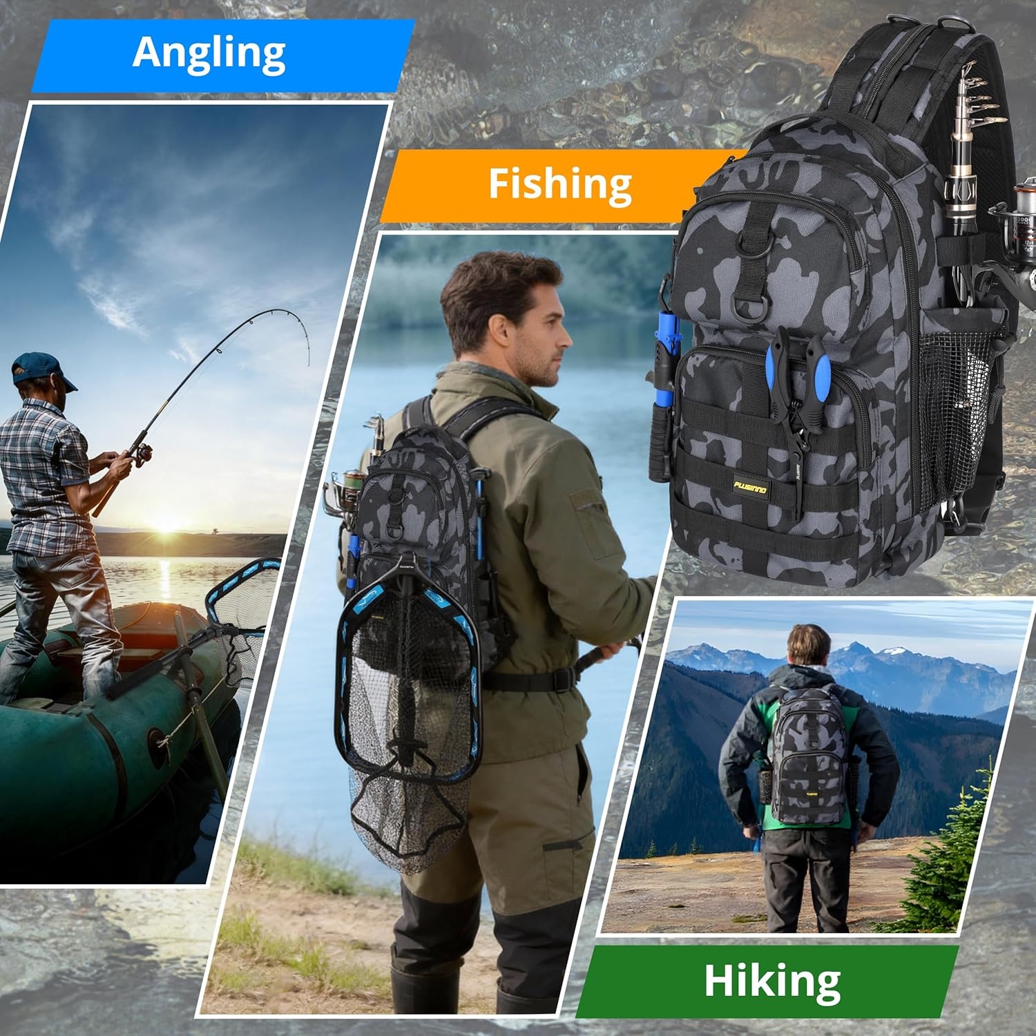 image:imagePLUSINNO Fishing GearFishing Backpack with Floating Fishing NetTackle BoxesWaterproof Fishing Tackle BagFishing Gifts for MenBlack Camo Backpack With Fishing Net