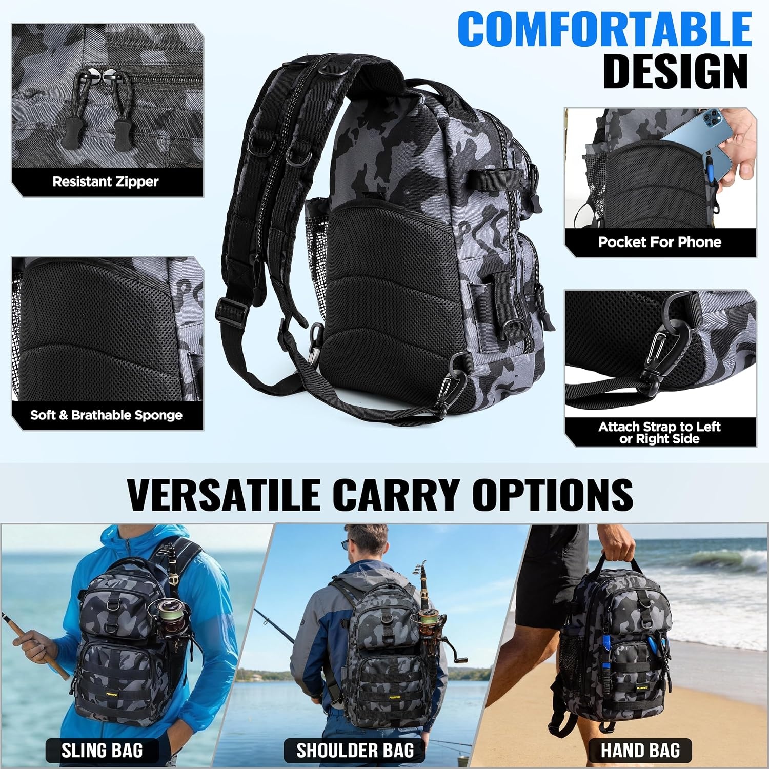 image:imagePLUSINNO Fishing GearFishing Backpack with Floating Fishing NetTackle BoxesWaterproof Fishing Tackle BagFishing Gifts for MenBlack Camo Backpack With Fishing Net