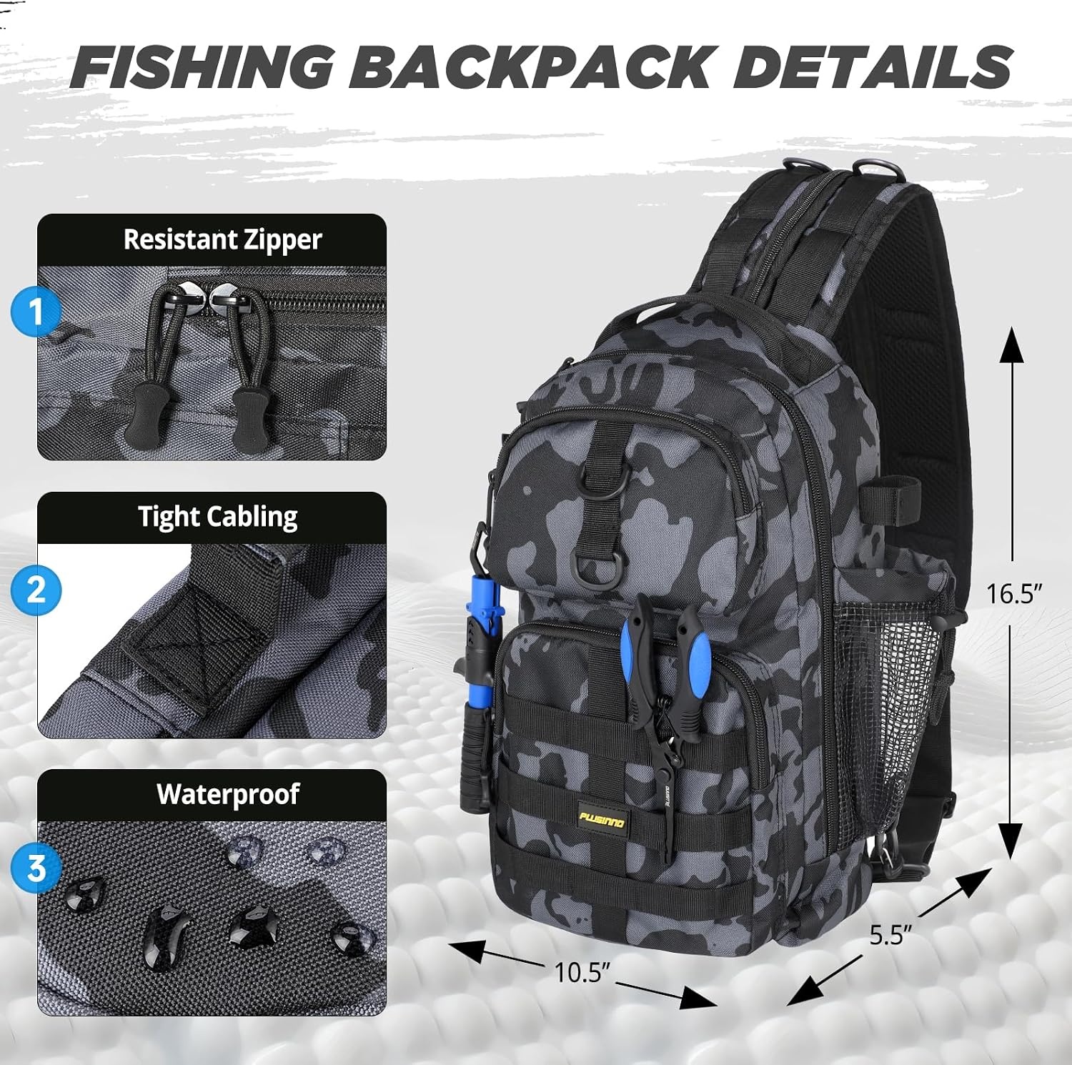 image:imagePLUSINNO Fishing GearFishing Backpack with Floating Fishing NetTackle BoxesWaterproof Fishing Tackle BagFishing Gifts for MenBlack Camo Backpack With Rod and Reel Combo