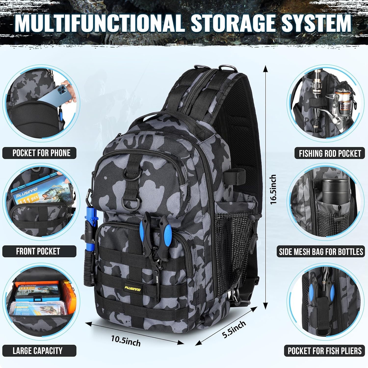 image:imagePLUSINNO Fishing GearFishing Backpack with Floating Fishing NetTackle BoxesWaterproof Fishing Tackle BagFishing Gifts for MenBlack Camo Backpack With Fishing Net