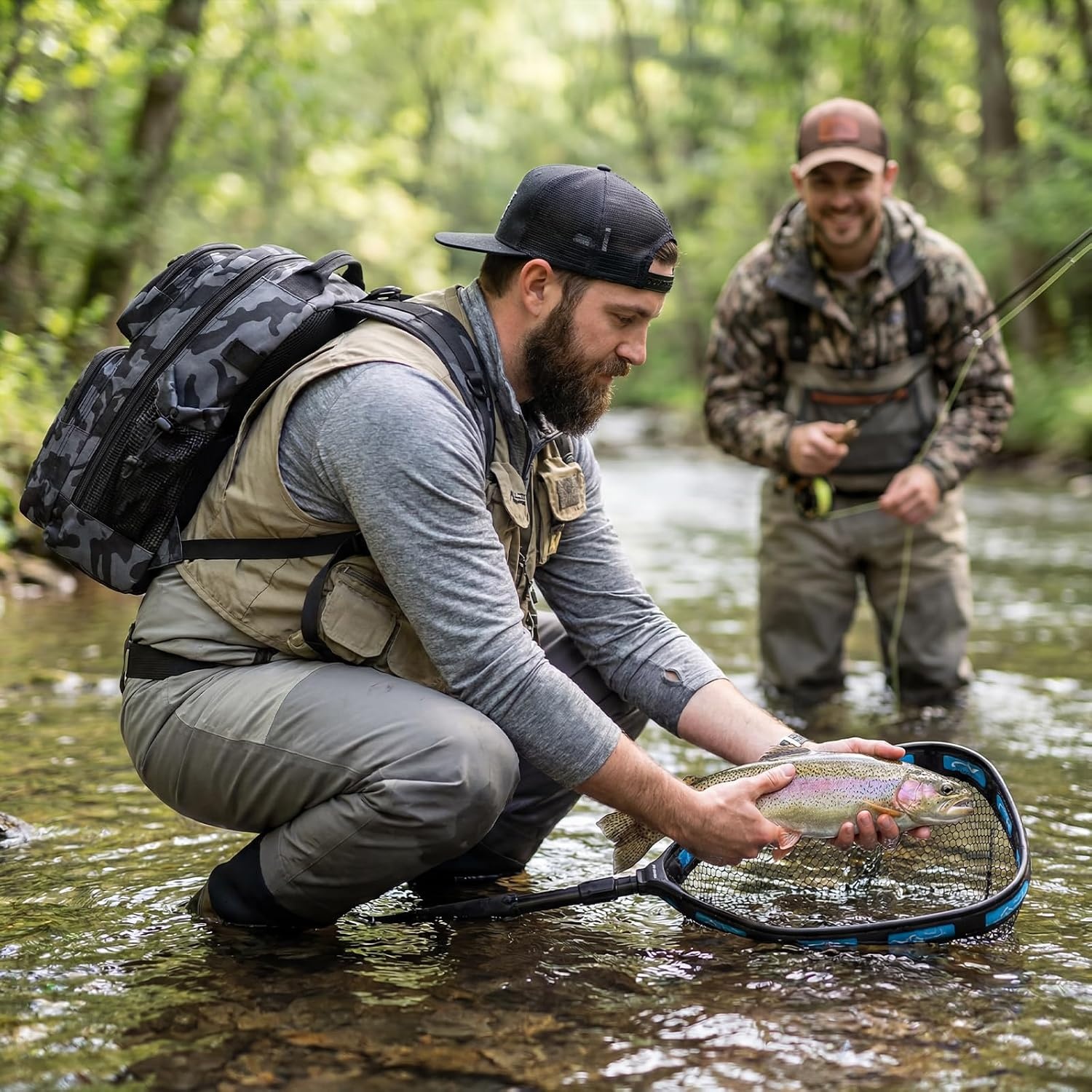 image:imagePLUSINNO Fishing GearFishing Backpack with Floating Fishing NetTackle BoxesWaterproof Fishing Tackle BagFishing Gifts for MenBlack Camo Backpack With Fishing Net