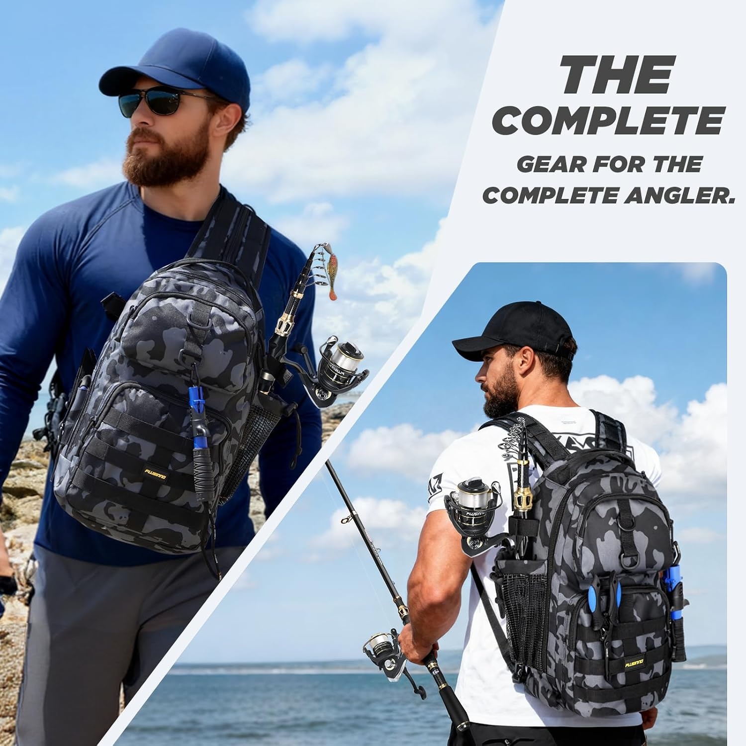 image:imagePLUSINNO Fishing GearFishing Backpack with Floating Fishing NetTackle BoxesWaterproof Fishing Tackle BagFishing Gifts for MenBlack Camo Backpack With Rod and Reel Combo