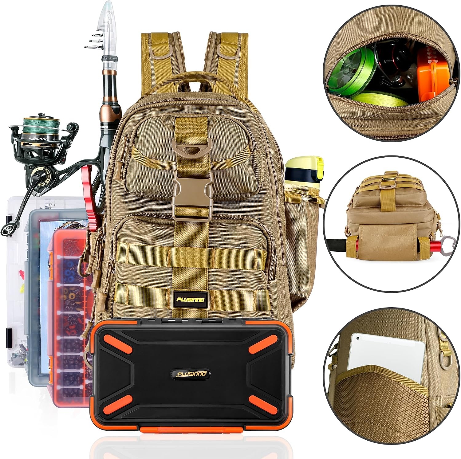 image:imagePLUSINNO Fishing GearFishing Backpack with Floating Fishing NetTackle BoxesWaterproof Fishing Tackle BagFishing Gifts for MenKhaki Backpack With 4 Boxes