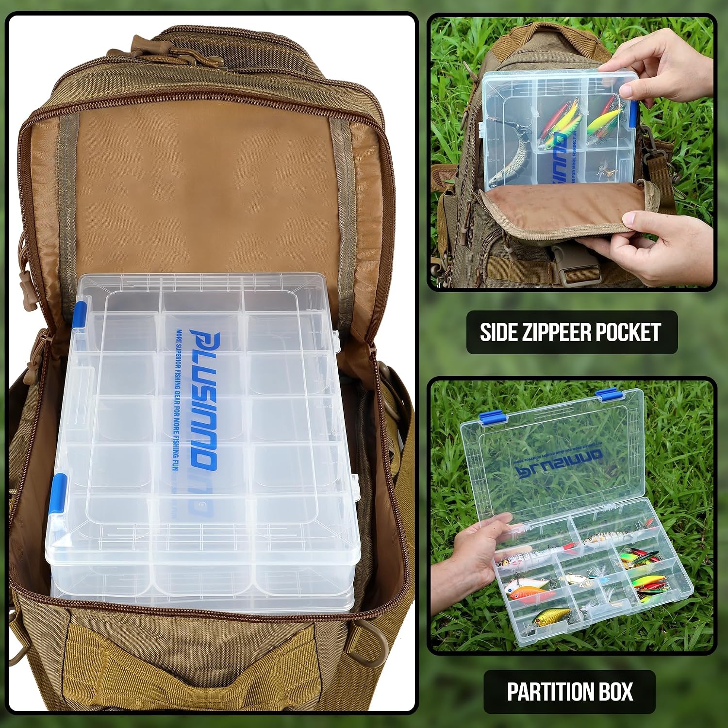 image:imagePLUSINNO Fishing GearFishing Backpack with Floating Fishing NetTackle BoxesWaterproof Fishing Tackle BagFishing Gifts for MenKhaki Backpack With 4 Boxes