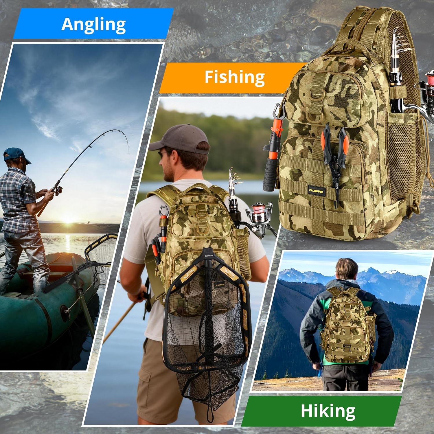 image:imagePLUSINNO Fishing GearFishing Backpack with Floating Fishing NetTackle BoxesWaterproof Fishing Tackle BagFishing Gifts for MenKhaki Camo Backpack With Fishing Net