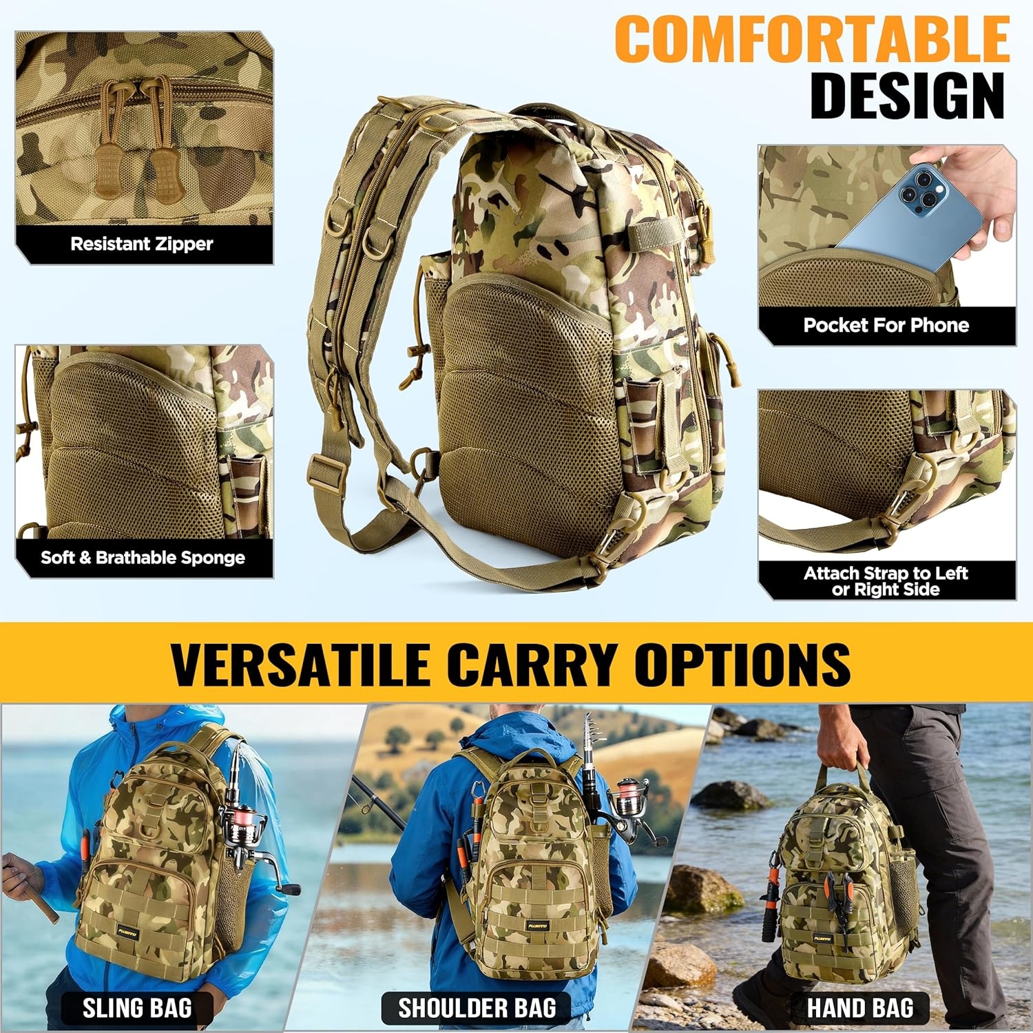 image:imagePLUSINNO Fishing GearFishing Backpack with Floating Fishing NetTackle BoxesWaterproof Fishing Tackle BagFishing Gifts for MenKhaki Camo Backpack With Fishing Net