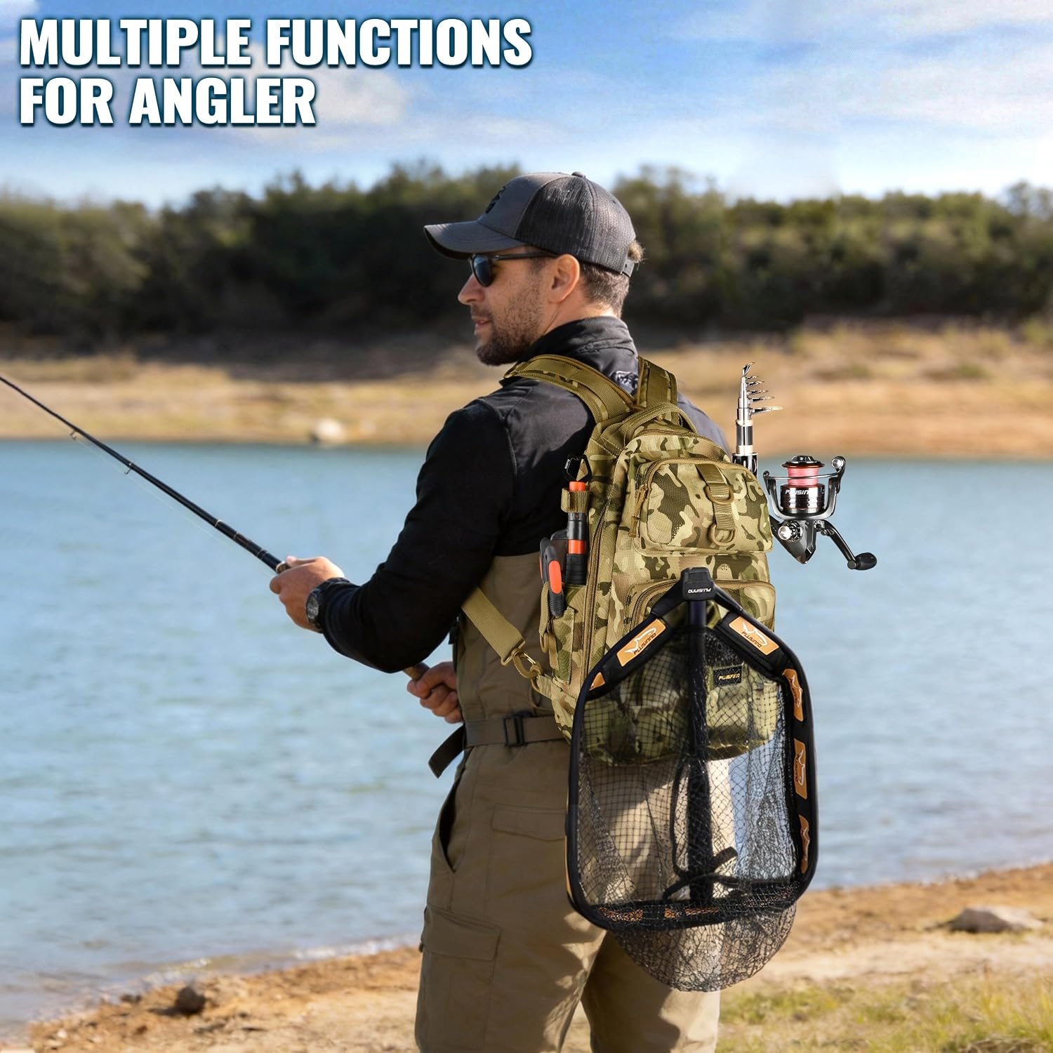 image:imagePLUSINNO Fishing GearFishing Backpack with Floating Fishing NetTackle BoxesWaterproof Fishing Tackle BagFishing Gifts for MenKhaki Camo Backpack With Fishing Net