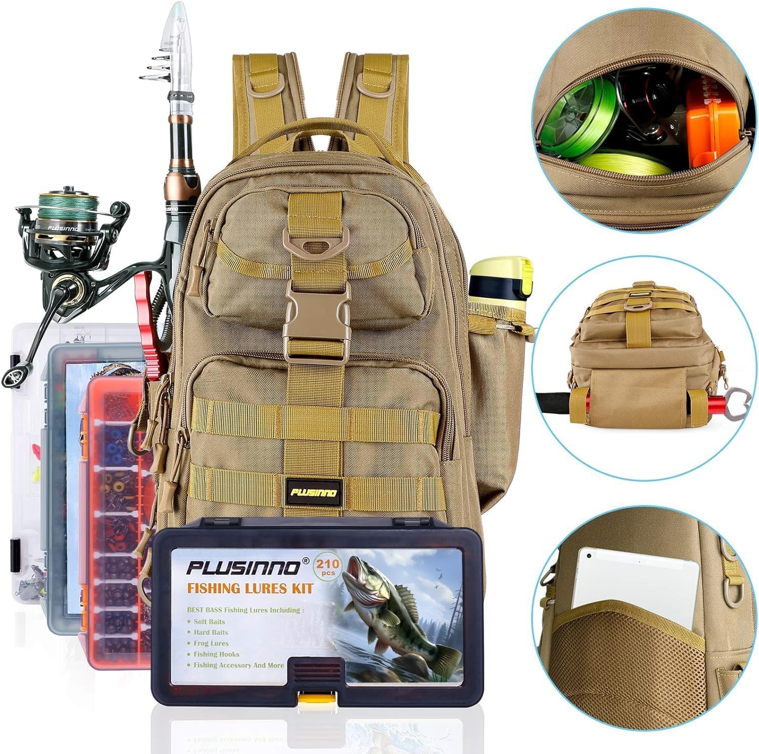 image:imagePLUSINNO Fishing GearFishing Backpack with Floating Fishing NetTackle BoxesWaterproof Fishing Tackle BagFishing Gifts for MenKhaki Single Backpack