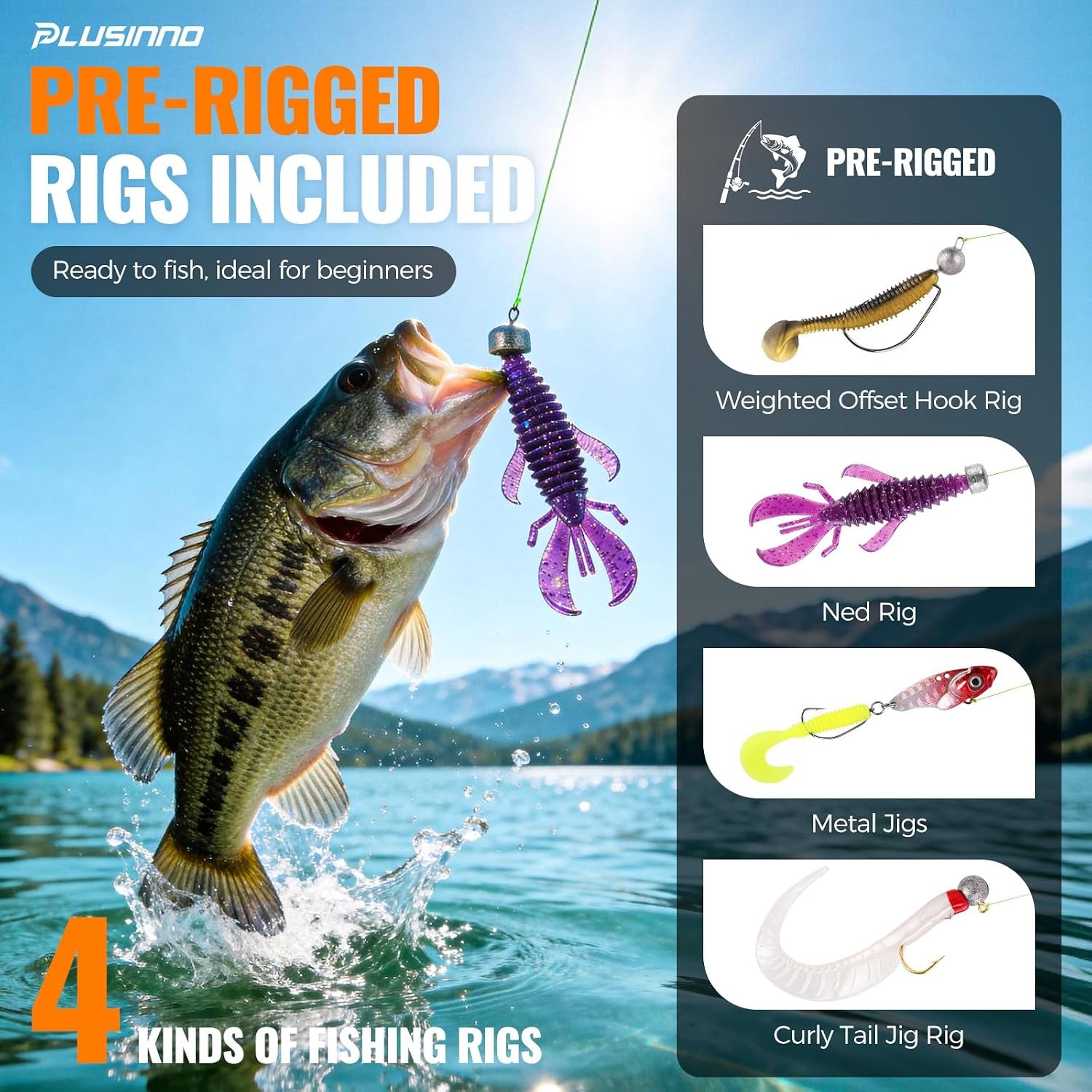 image:imagePLUSINNO Pro Bass Fishing Lures Bass Fishing Kit Tackle Box for All Water 6 Prerigged Fishing Lures 307pcs Freshwater Largemouth Smallmouth Bass Fishing Lures Doublelayer Fishing Tackle Boxorange