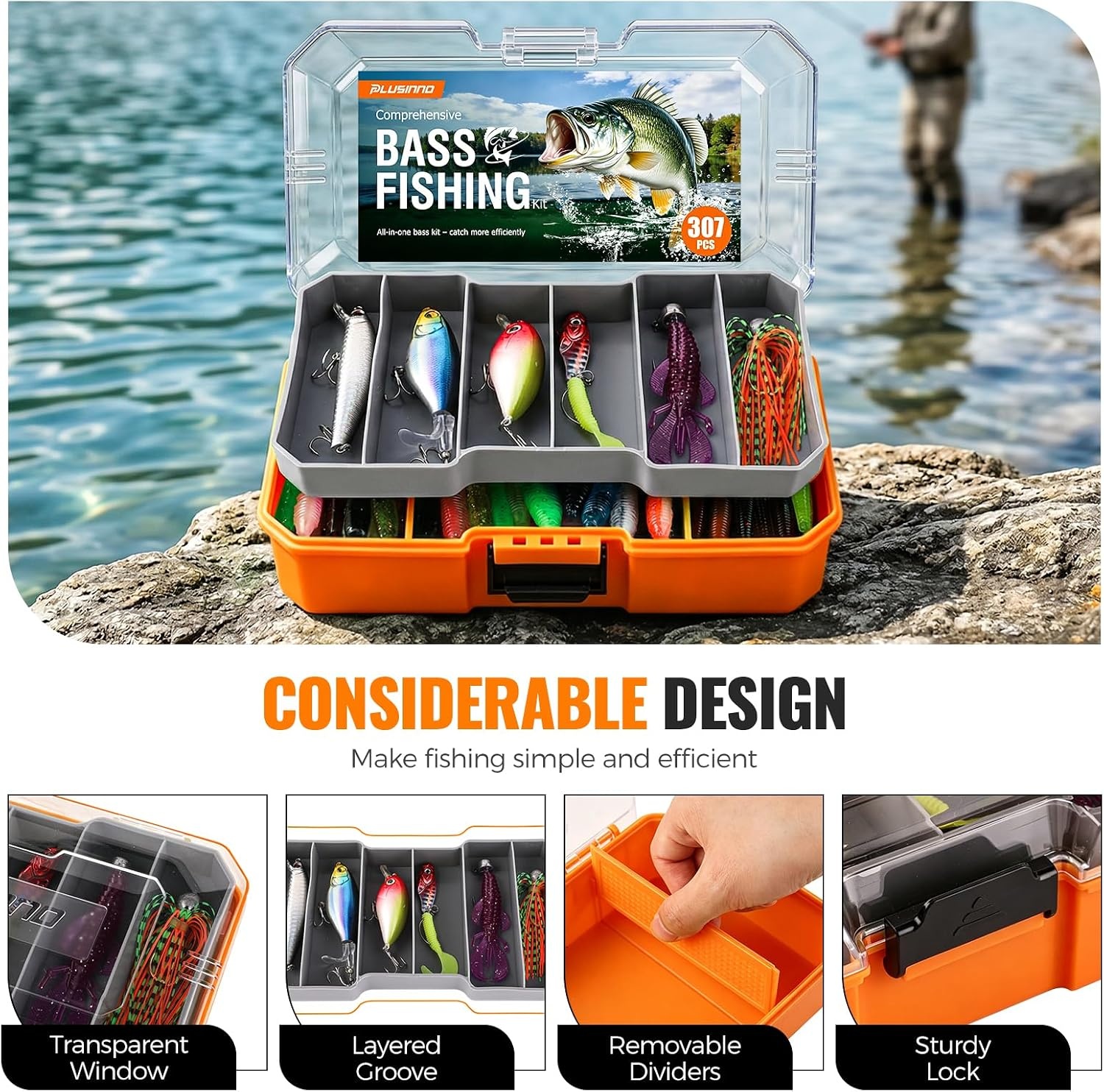 image:imagePLUSINNO Pro Bass Fishing Lures Bass Fishing Kit Tackle Box for All Water 6 Prerigged Fishing Lures 307pcs Freshwater Largemouth Smallmouth Bass Fishing Lures Doublelayer Fishing Tackle Boxorange