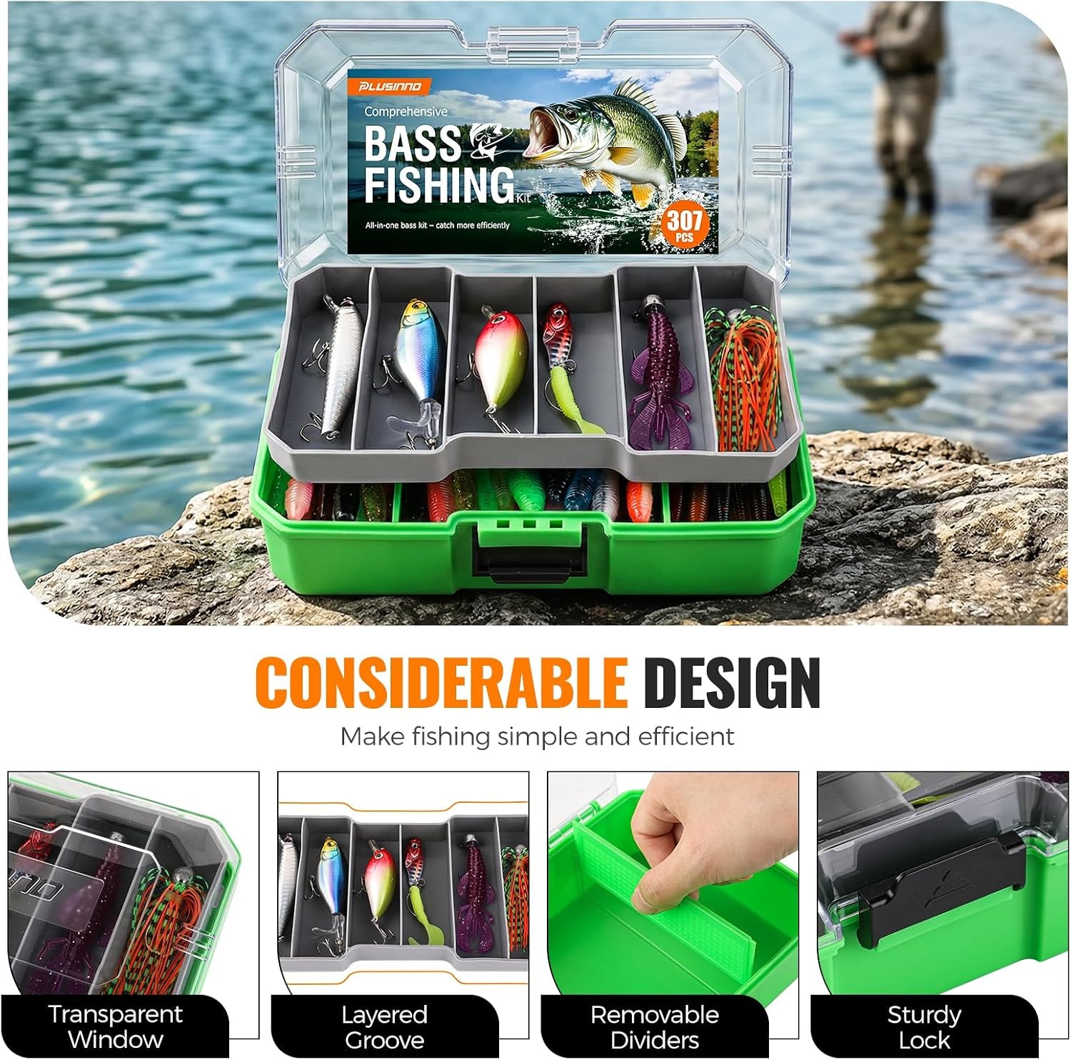 image:imagePLUSINNO Pro Bass Fishing Lures Bass Fishing Kit Tackle Box for All Water 6 Prerigged Fishing Lures 307pcs Freshwater Largemouth Smallmouth Bass Fishing Lures Doublelayer Fishing Tackle Boxgreen