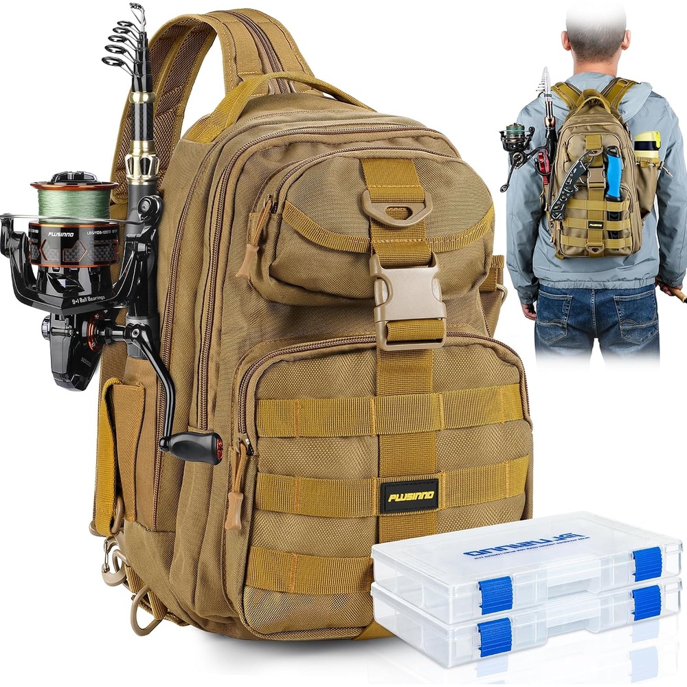 image:imagePLUSINNO Fishing GearFishing Backpack with Floating Fishing NetTackle BoxesWaterproof Fishing Tackle BagFishing Gifts for MenKhaki Backpack With 4 Boxes