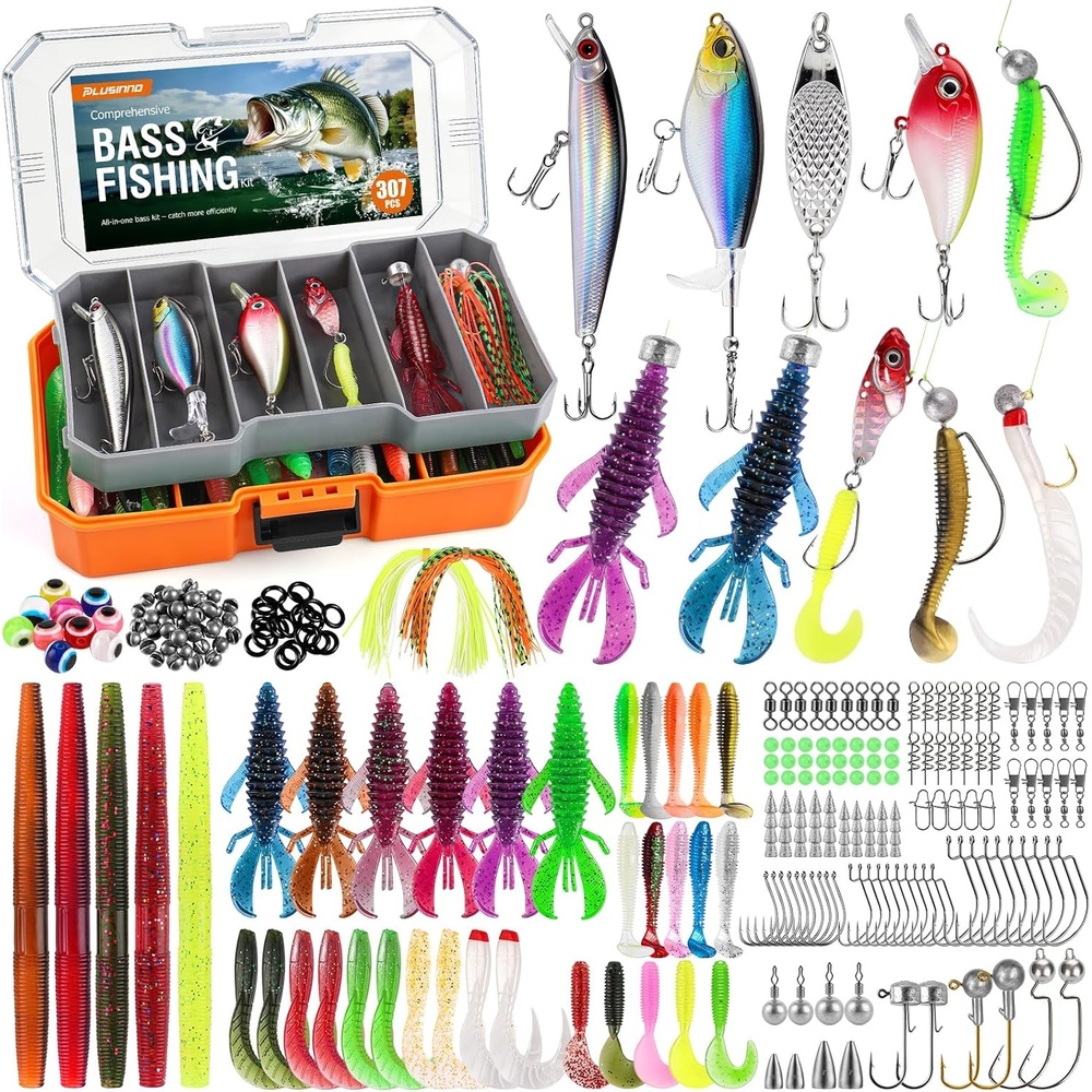 image:imagePLUSINNO Pro Bass Fishing Lures Bass Fishing Kit Tackle Box for All Water 6 Prerigged Fishing Lures 307pcs Freshwater Largemouth Smallmouth Bass Fishing Lures Doublelayer Fishing Tackle Boxorange