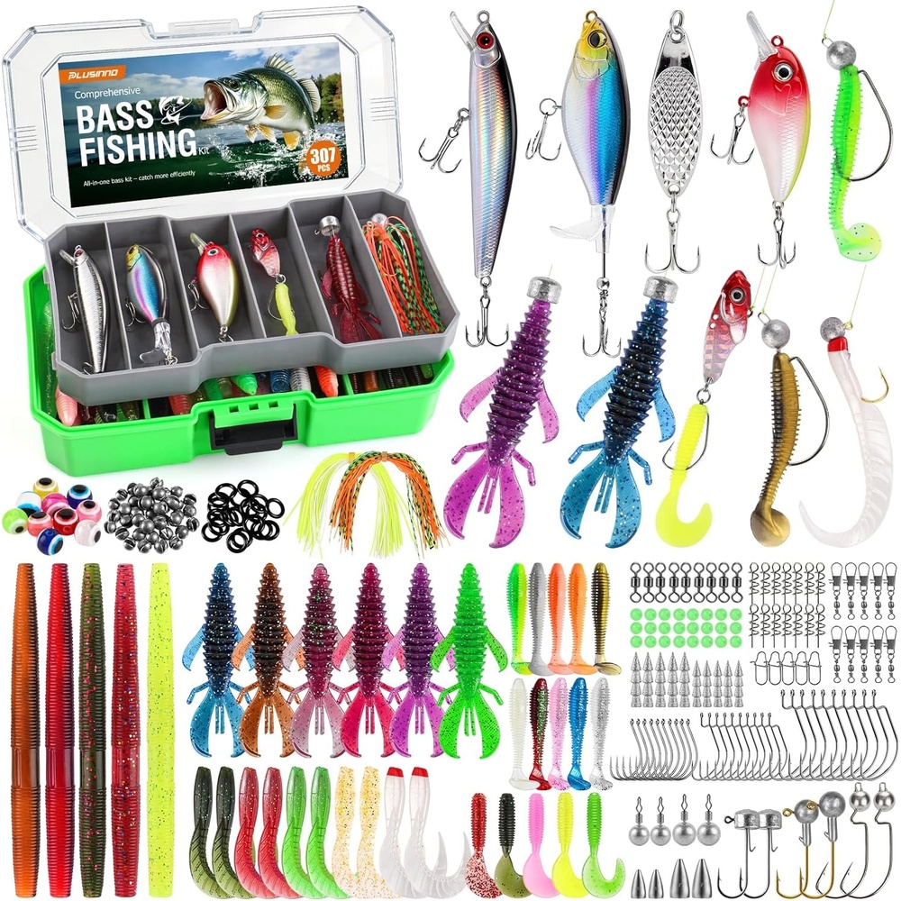 image:imagePLUSINNO Pro Bass Fishing Lures Bass Fishing Kit Tackle Box for All Water 6 Prerigged Fishing Lures 307pcs Freshwater Largemouth Smallmouth Bass Fishing Lures Doublelayer Fishing Tackle Boxgreen