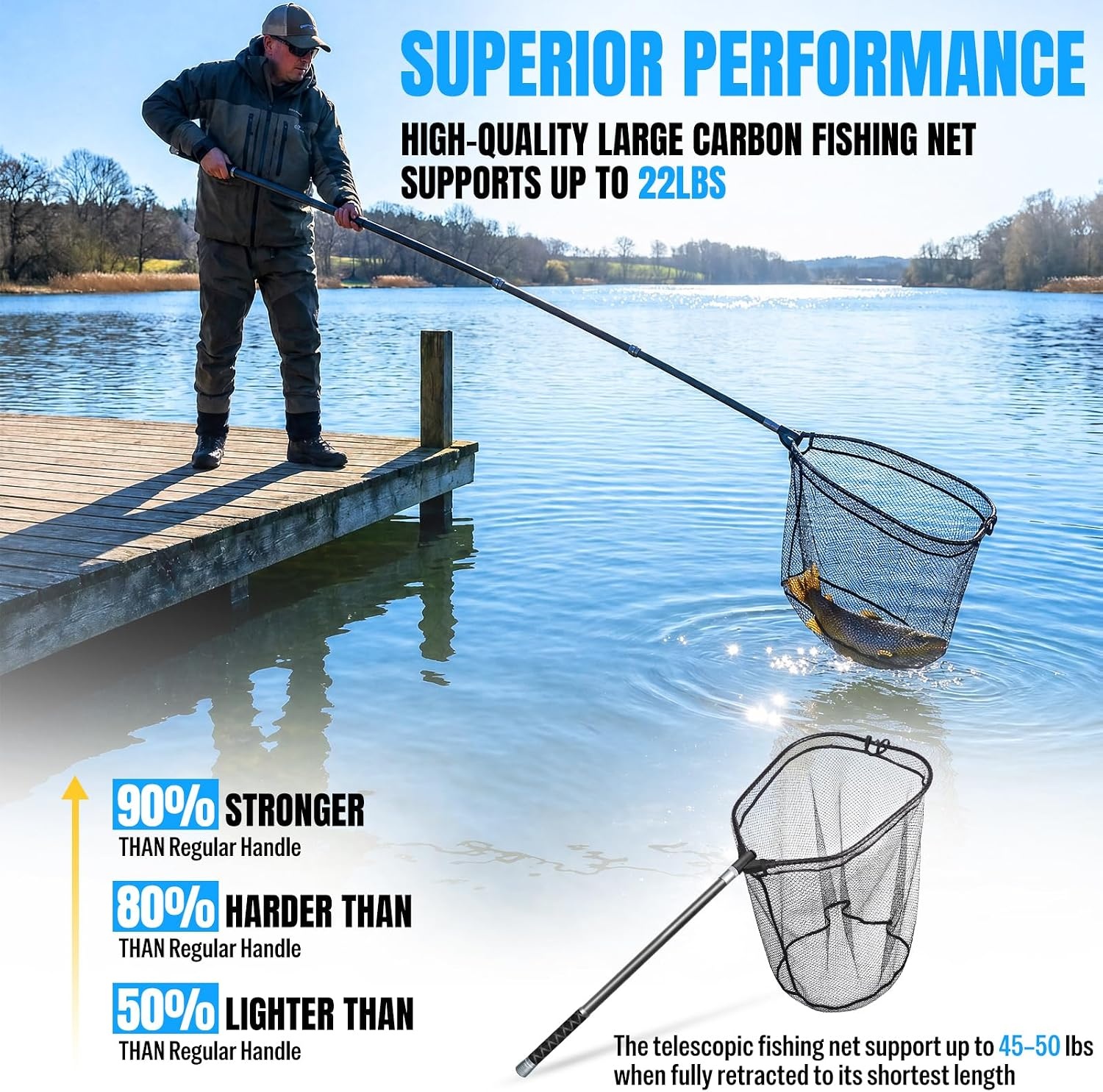 image:imagePLUSINNO Large Fishing Net 3477 FT Carbon Fiber Fish Net with Long Telescoping Handle Kayak Fishing Gear Accessories Foldable Landing Net for Bass Trout Catfish Fishing Gifts for Men Father34 FT 413 Not Extendable