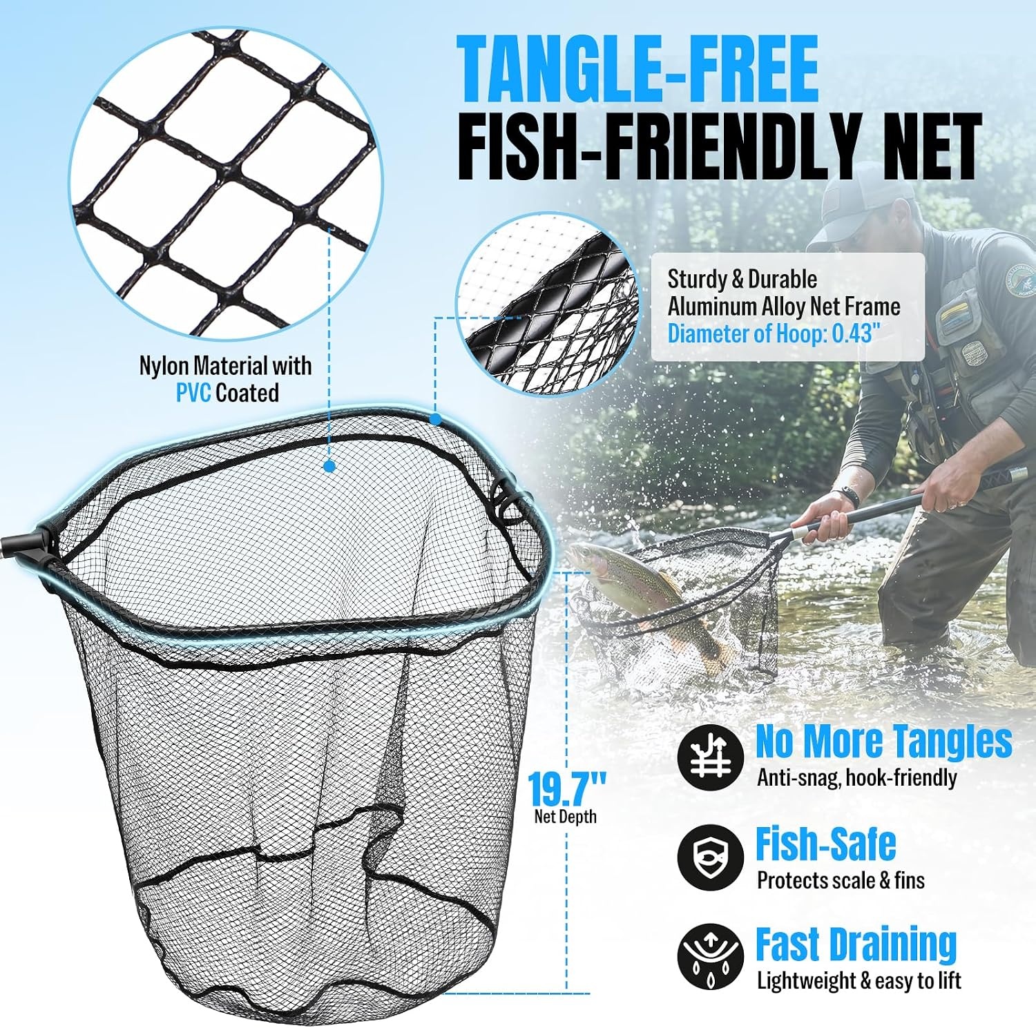 image:imagePLUSINNO Large Fishing Net 3477 FT Carbon Fiber Fish Net with Long Telescoping Handle Kayak Fishing Gear Accessories Foldable Landing Net for Bass Trout Catfish Fishing Gifts for Men Father64 FT 768 Full Length