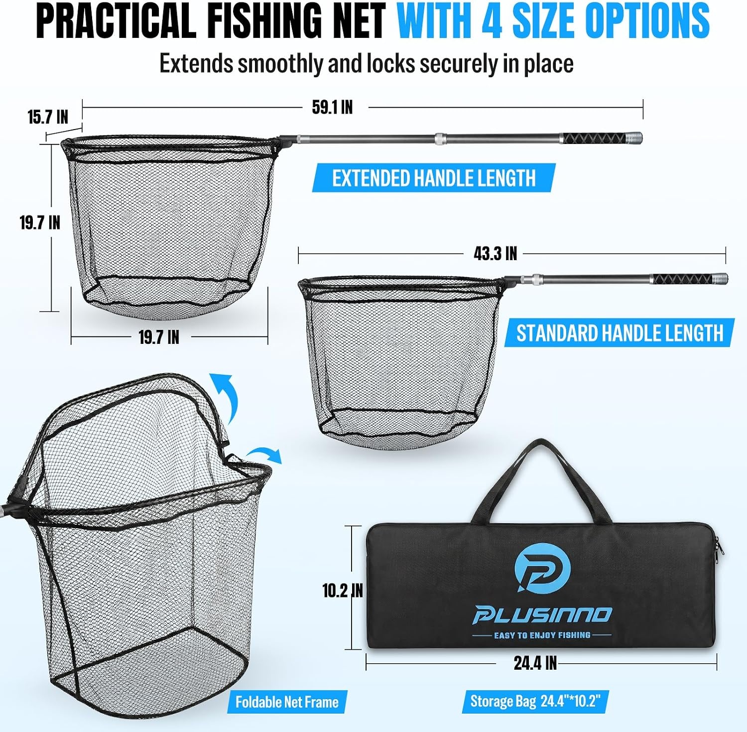 image:imagePLUSINNO Large Fishing Net 3477 FT Carbon Fiber Fish Net with Long Telescoping Handle Kayak Fishing Gear Accessories Foldable Landing Net for Bass Trout Catfish Fishing Gifts for Men Father49 FT 591 Full Length