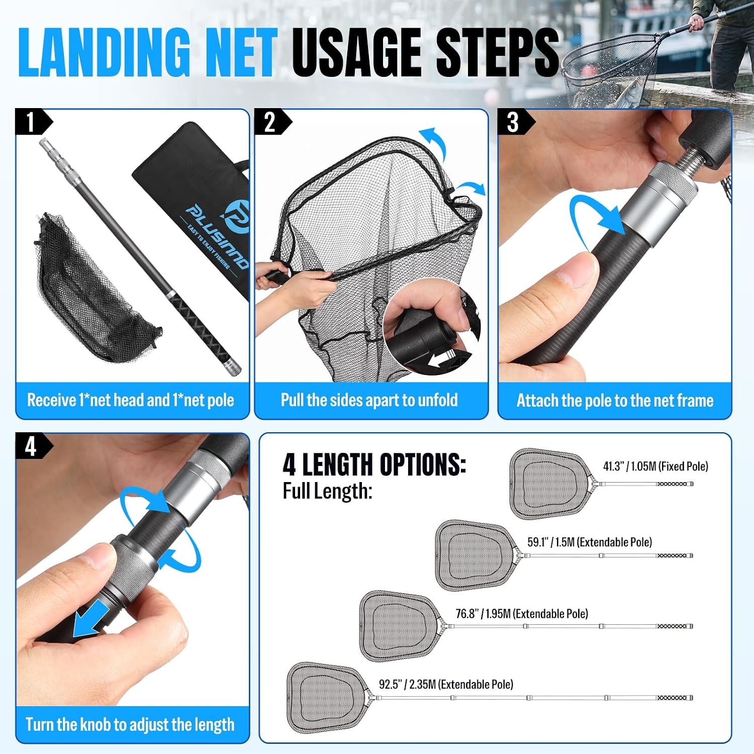 image:imagePLUSINNO Large Fishing Net 3477 FT Carbon Fiber Fish Net with Long Telescoping Handle Kayak Fishing Gear Accessories Foldable Landing Net for Bass Trout Catfish Fishing Gifts for Men Father64 FT 768 Full Length