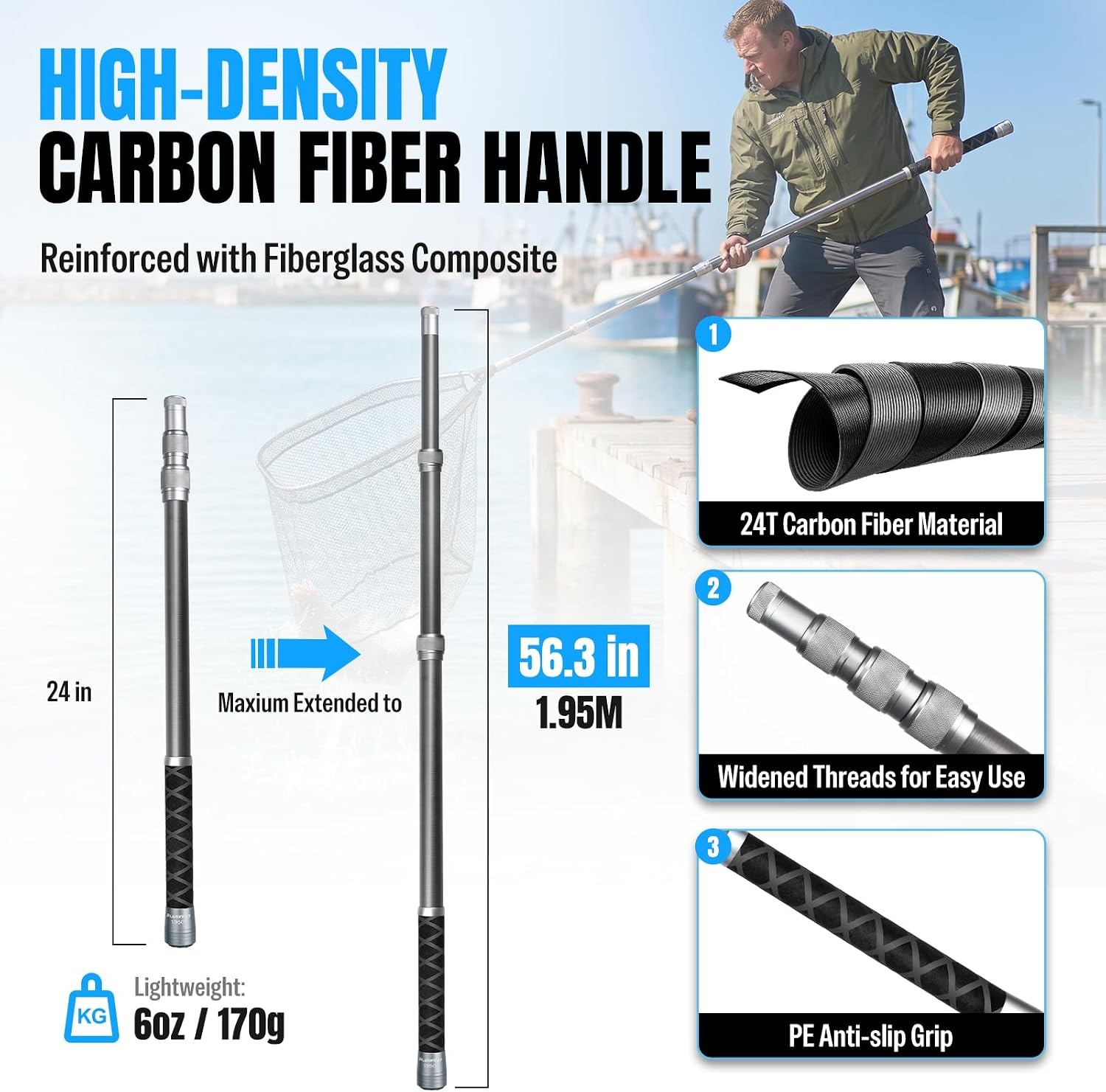 image:imagePLUSINNO Large Fishing Net 3477 FT Carbon Fiber Fish Net with Long Telescoping Handle Kayak Fishing Gear Accessories Foldable Landing Net for Bass Trout Catfish Fishing Gifts for Men Father64 FT 768 Full Length