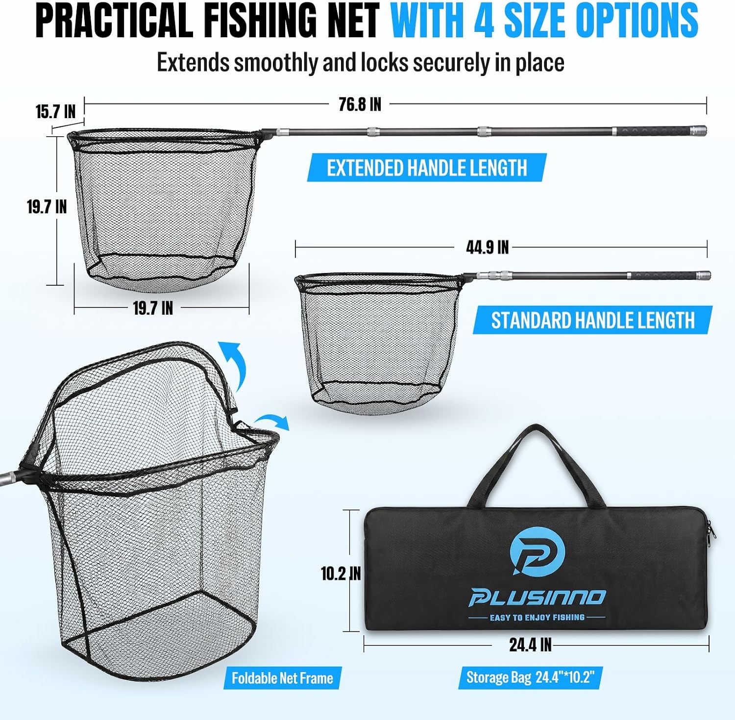 image:imagePLUSINNO Large Fishing Net 3477 FT Carbon Fiber Fish Net with Long Telescoping Handle Kayak Fishing Gear Accessories Foldable Landing Net for Bass Trout Catfish Fishing Gifts for Men Father64 FT 768 Full Length