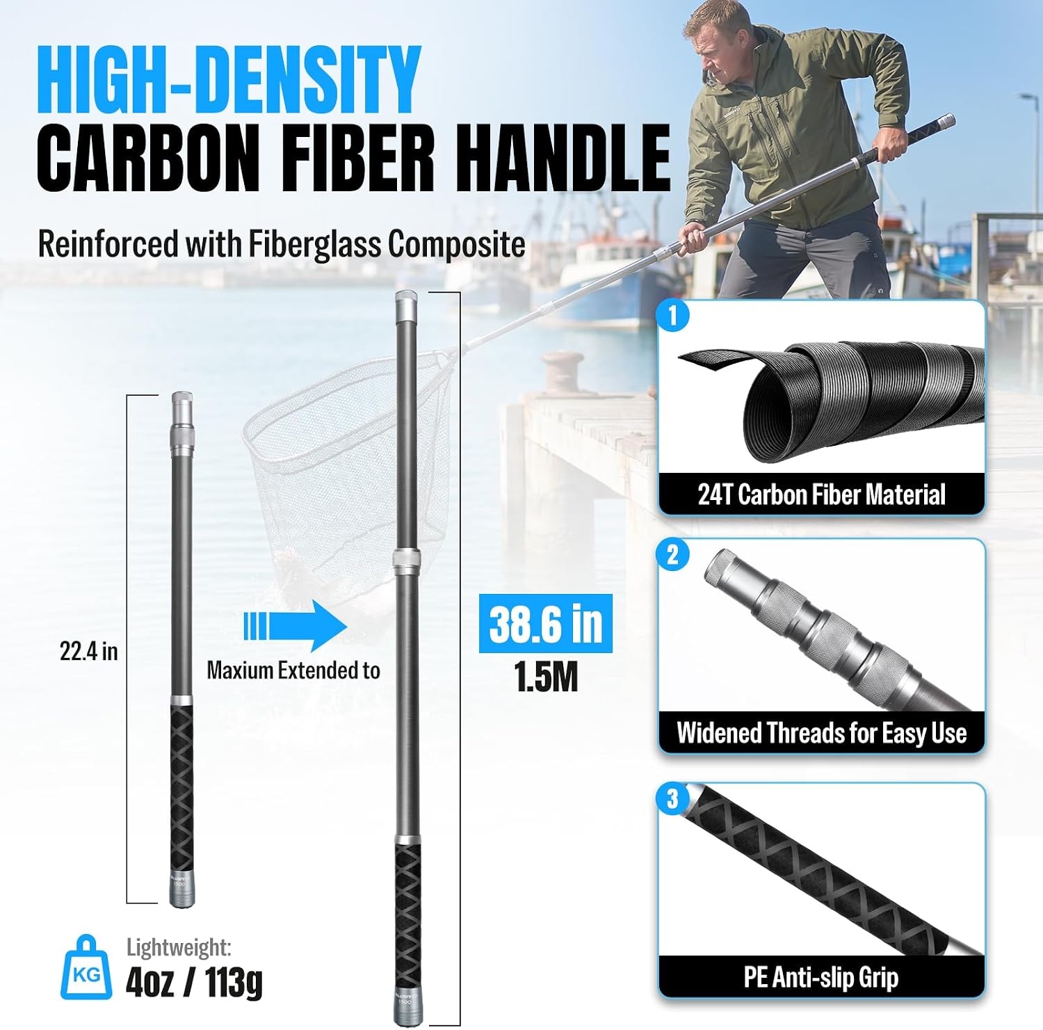 image:imagePLUSINNO Large Fishing Net 3477 FT Carbon Fiber Fish Net with Long Telescoping Handle Kayak Fishing Gear Accessories Foldable Landing Net for Bass Trout Catfish Fishing Gifts for Men Father49 FT 591 Full Length