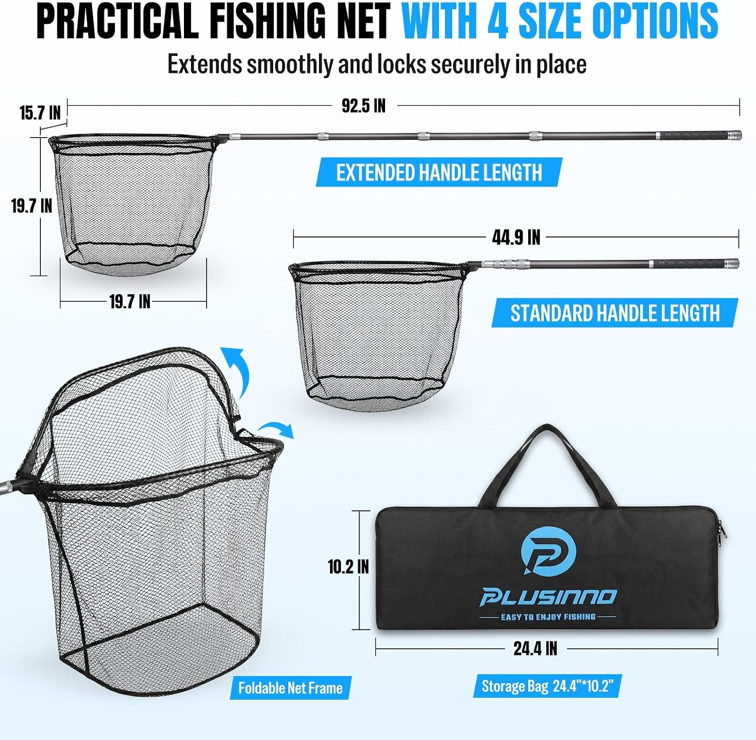 image:imagePLUSINNO Large Fishing Net 3477 FT Carbon Fiber Fish Net with Long Telescoping Handle Kayak Fishing Gear Accessories Foldable Landing Net for Bass Trout Catfish Fishing Gifts for Men Father77 FT 925 Full Length
