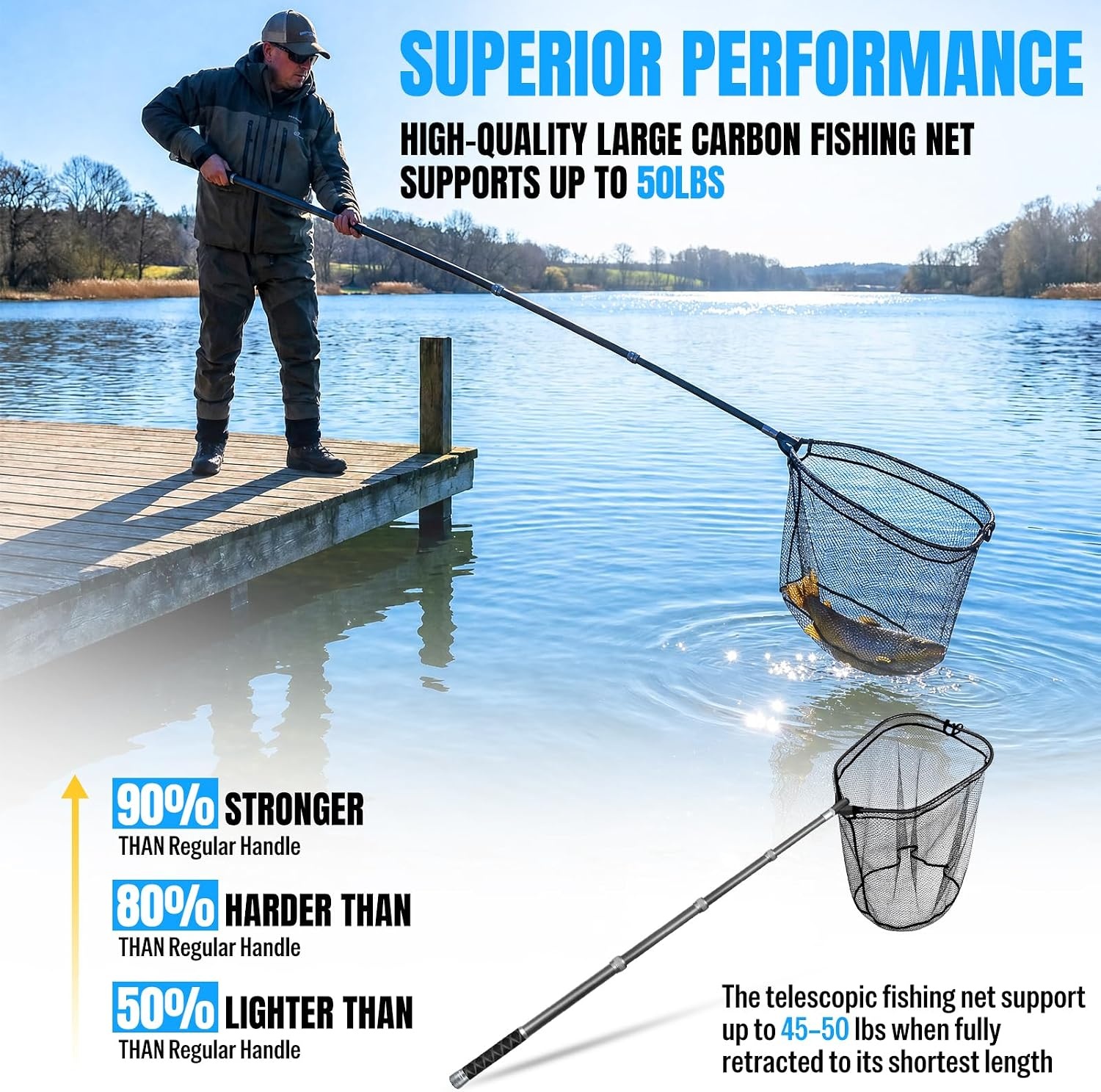 image:imagePLUSINNO Large Fishing Net 3477 FT Carbon Fiber Fish Net with Long Telescoping Handle Kayak Fishing Gear Accessories Foldable Landing Net for Bass Trout Catfish Fishing Gifts for Men Father49 FT 591 Full Length