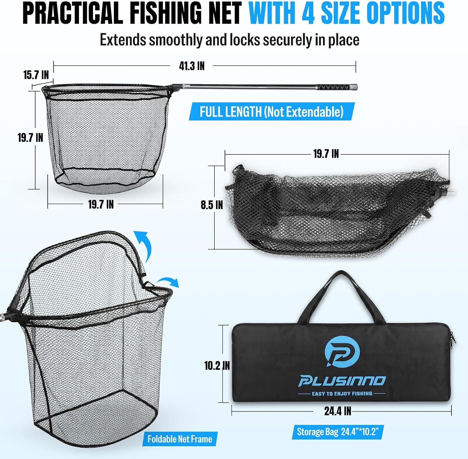 image:imagePLUSINNO Large Fishing Net 3477 FT Carbon Fiber Fish Net with Long Telescoping Handle Kayak Fishing Gear Accessories Foldable Landing Net for Bass Trout Catfish Fishing Gifts for Men Father34 FT 413 Not Extendable