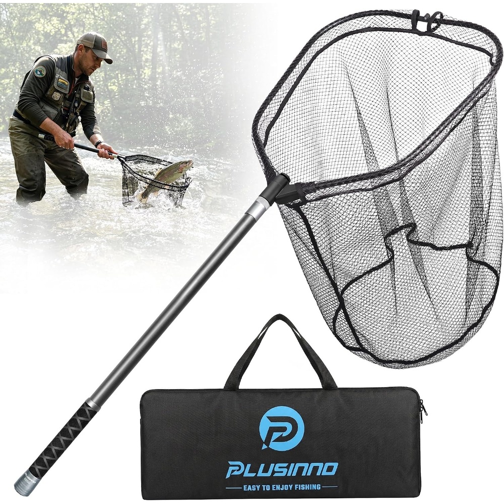 image:imagePLUSINNO Large Fishing Net 3477 FT Carbon Fiber Fish Net with Long Telescoping Handle Kayak Fishing Gear Accessories Foldable Landing Net for Bass Trout Catfish Fishing Gifts for Men Father34 FT 413 Not Extendable